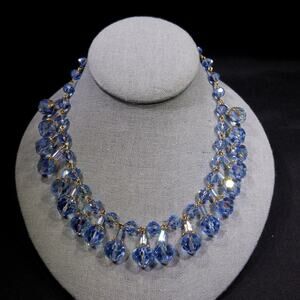 Vintage Blue AB Crystal Dangle Necklace Faceted Beads 1960s